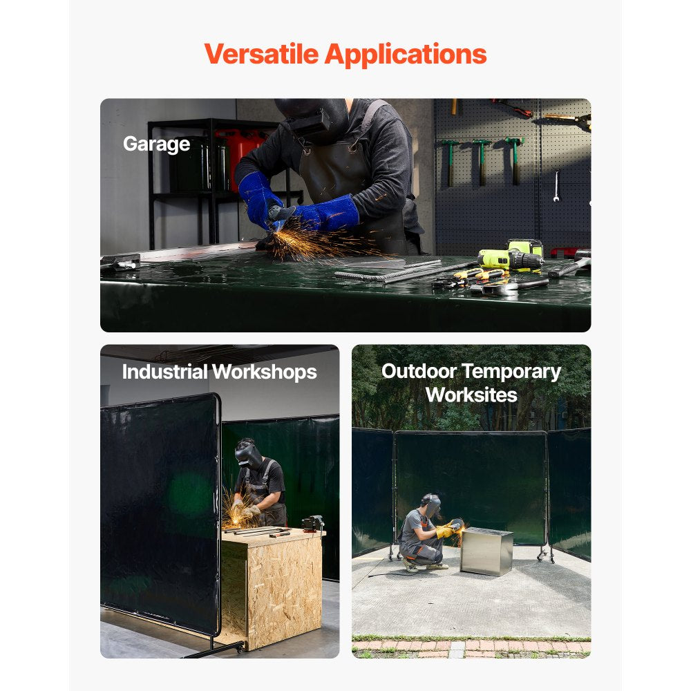 VEVOR Welding Screen with Frame, 3-Panel 6 x 8 FT Welding Curtain Screen, Flame-Resistant Vinyl Safety Protection Screens with 12 Wheels & 6-Level UV Protection for Workshop/Industrial Use, Dark Green