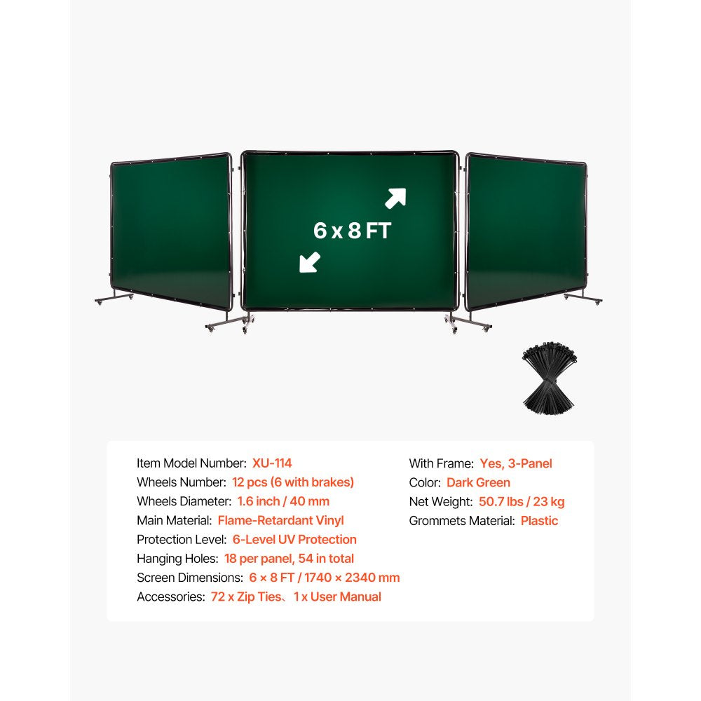 VEVOR Welding Screen with Frame, 3-Panel 6 x 8 FT Welding Curtain Screen, Flame-Resistant Vinyl Safety Protection Screens with 12 Wheels & 6-Level UV Protection for Workshop/Industrial Use, Dark Green