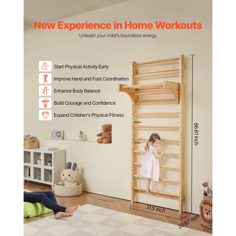 VEVOR Swedish Ladder Wall Gym, 10-Level Solid Wood Indoor Jungle Gym, 220lbs Loading Indoor Playground Climbing Ladder for Kid Adults, Gymnastic Stall Bars with Pull-Up Bar - Ideal Gift for Boys Girls