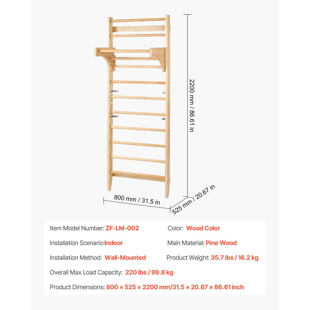 VEVOR Swedish Ladder Wall Gym, 10-Level Solid Wood Indoor Jungle Gym, 220lbs Loading Indoor Playground Climbing Ladder for Kid Adults, Gymnastic Stall Bars with Pull-Up Bar - Ideal Gift for Boys Girls