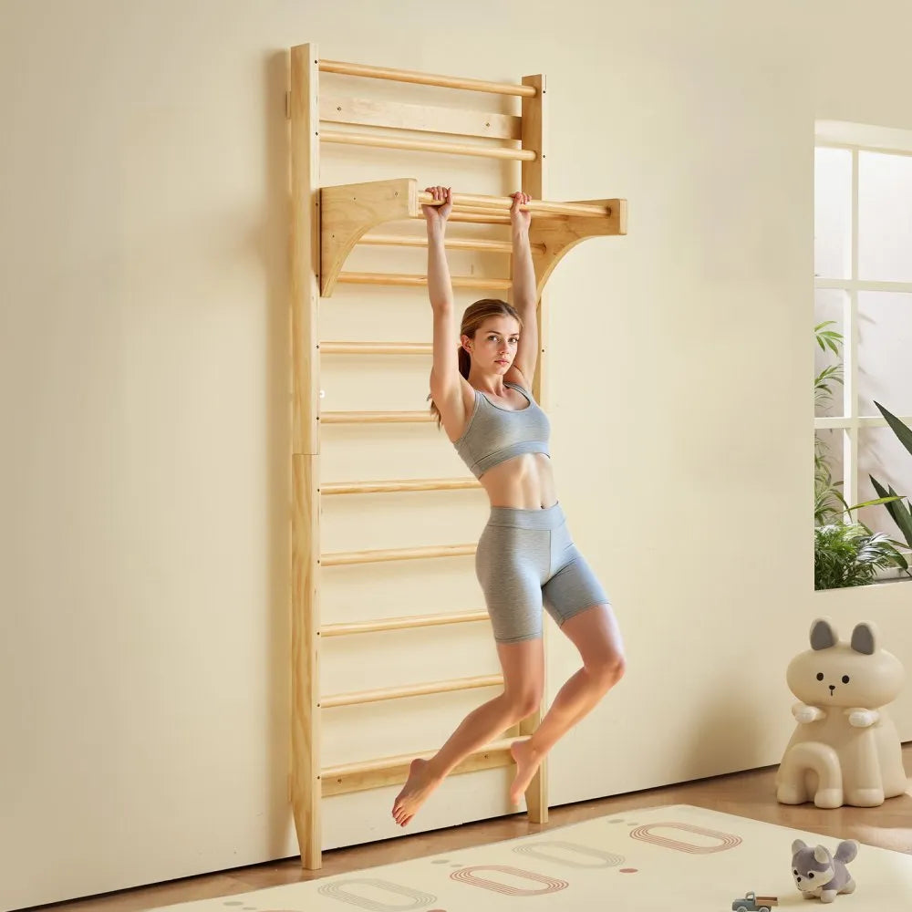 VEVOR Swedish Ladder Wall Gym, 10-Level Solid Wood Indoor Jungle Gym, 220lbs Loading Indoor Playground Climbing Ladder for Kid Adults, Gymnastic Stall Bars with Pull-Up Bar - Ideal Gift for Boys Girls