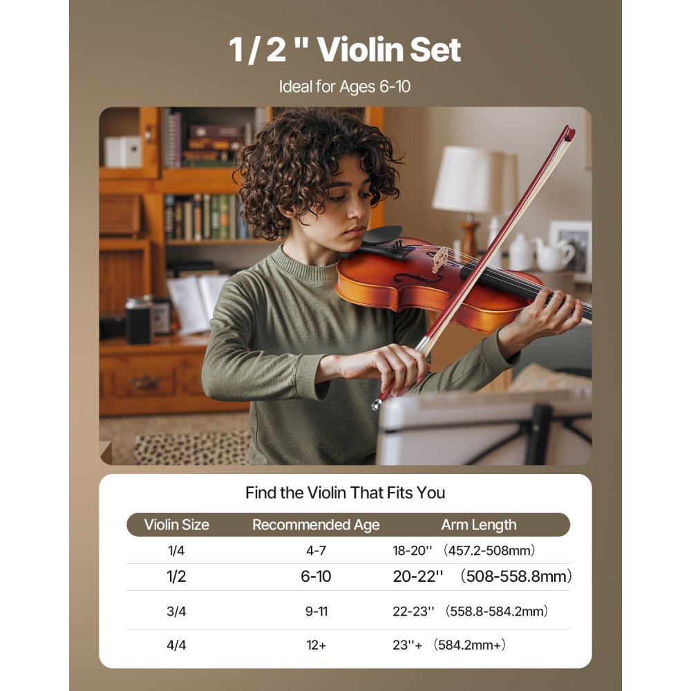 VEVOR Violin 1/2 Size for Adults, Violin Fiddle Set for Beginners Student with Hard Case, Rosin, Bow, Shoulder Rest,Bridge,Tuner and Extra Strings,Solidwood Professional Musical Instruments (Brown)