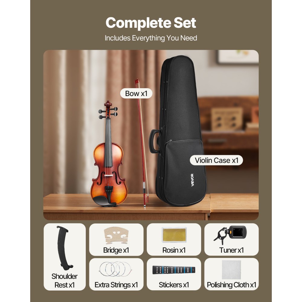 VEVOR Violin 1/4 Size for Adults, Violin Fiddle Set for Beginners Student with Hard Case, Rosin, Bow, Shoulder Rest,Bridge,Tuner and Extra Strings,Solidwood Professional Musical Instruments (Brown)
