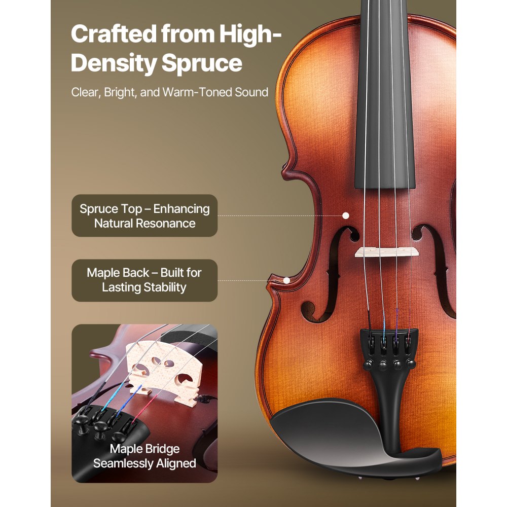 VEVOR Violin 3/4 Size for Adults, Violin Fiddle Set for Beginners Student with Hard Case, Rosin, Bow, Shoulder Rest,Bridge,Tuner and Extra Strings,Solidwood Professional Musical Instruments (Brown)