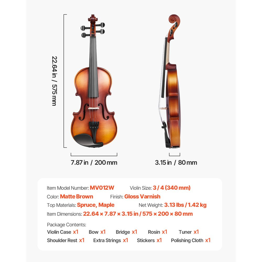 VEVOR Violin 3/4 Size for Adults, Violin Fiddle Set for Beginners Student with Hard Case, Rosin, Bow, Shoulder Rest,Bridge,Tuner and Extra Strings,Solidwood Professional Musical Instruments (Brown)