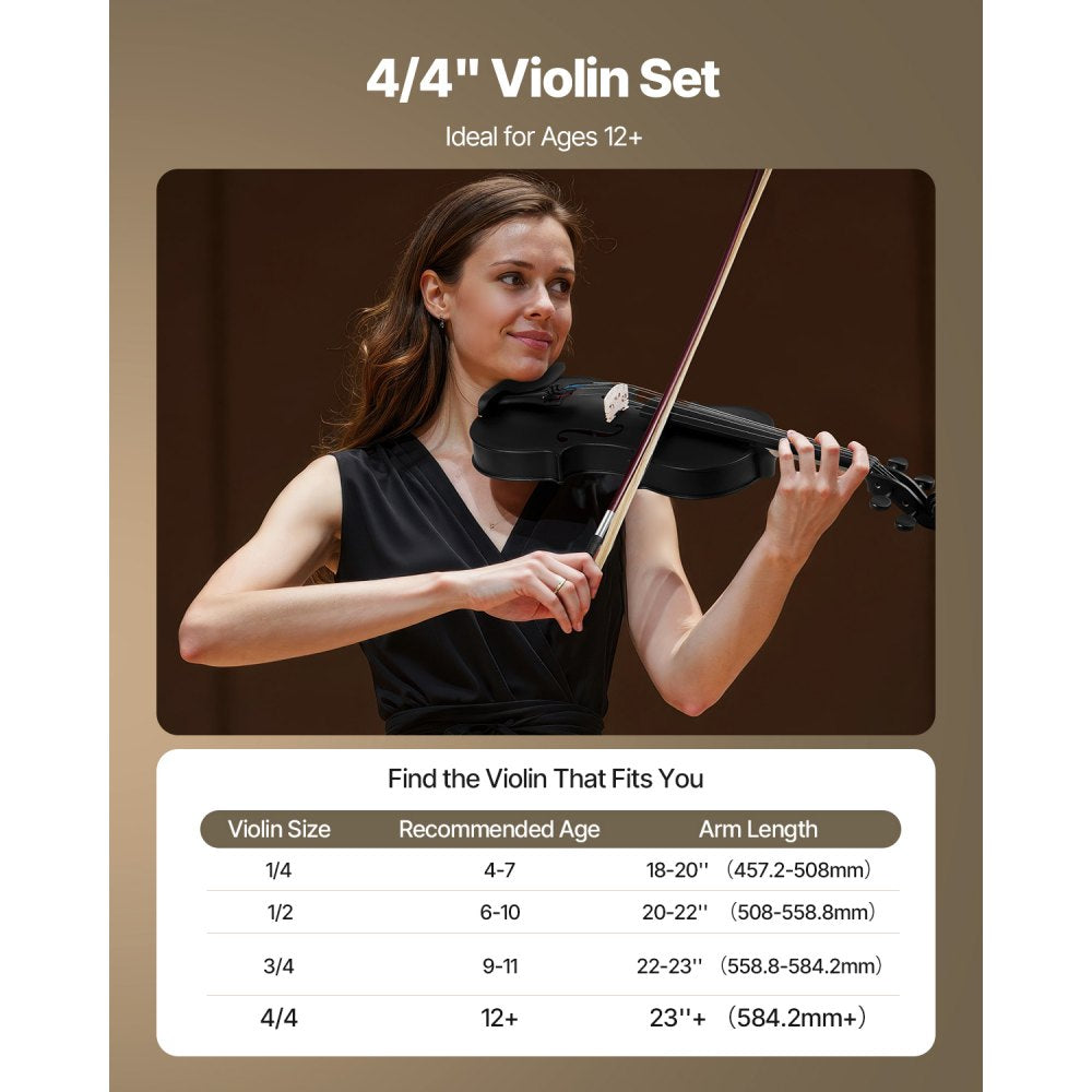 VEVOR Violin 4/4 Full Size for Adults, Violin Fiddle Set for Beginners Student with Hard Case, Rosin, Bow, Shoulder Rest, Bridge, Tuner and Extra Strings, Professional Solidwood Instruments  (Black)