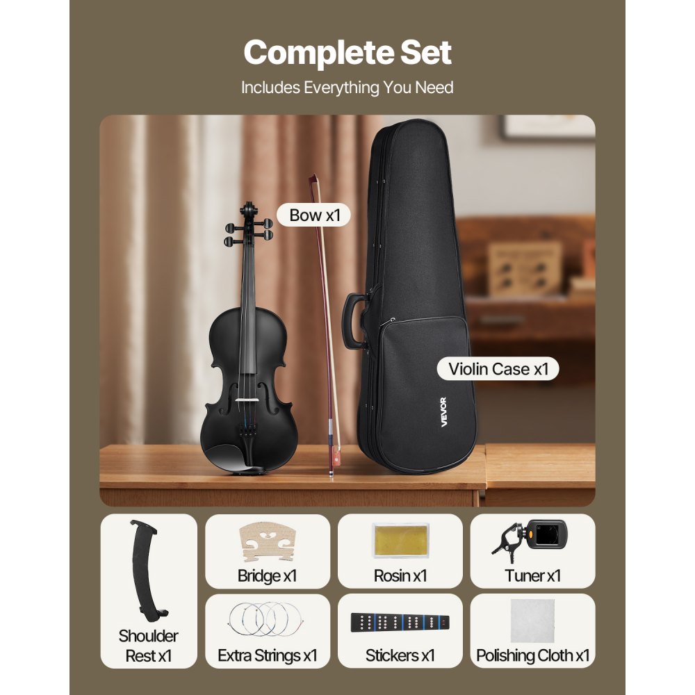 VEVOR Violin 4/4 Full Size for Adults, Violin Fiddle Set for Beginners Student with Hard Case, Rosin, Bow, Shoulder Rest, Bridge, Tuner and Extra Strings, Professional Solidwood Instruments  (Black)
