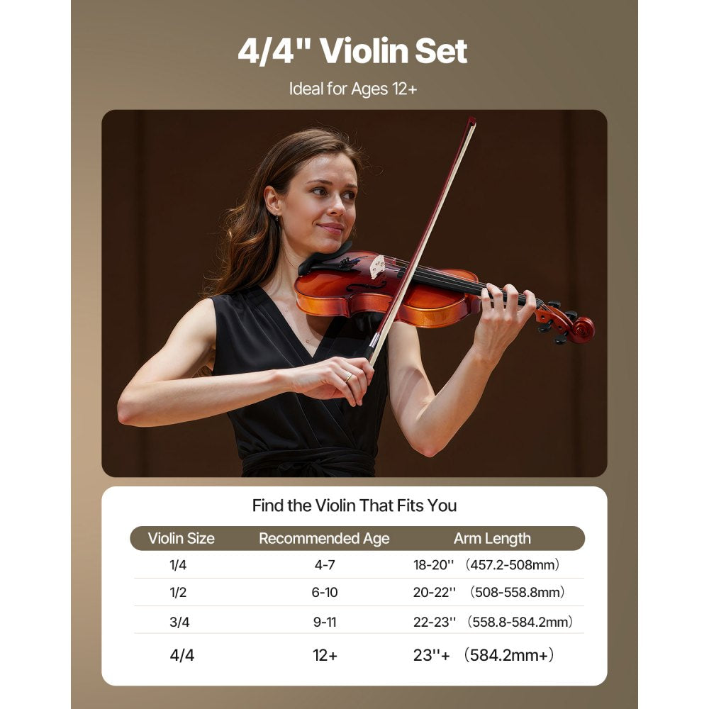 VEVOR Violin 4/4 Full Size for Adults, Violin Fiddle Set for Beginners Student with Hard Case,Rosin, Bow,Shoulder Rest,Bridge,Extra Strings,Professional Solidwood Instrument (Glossy Brown)