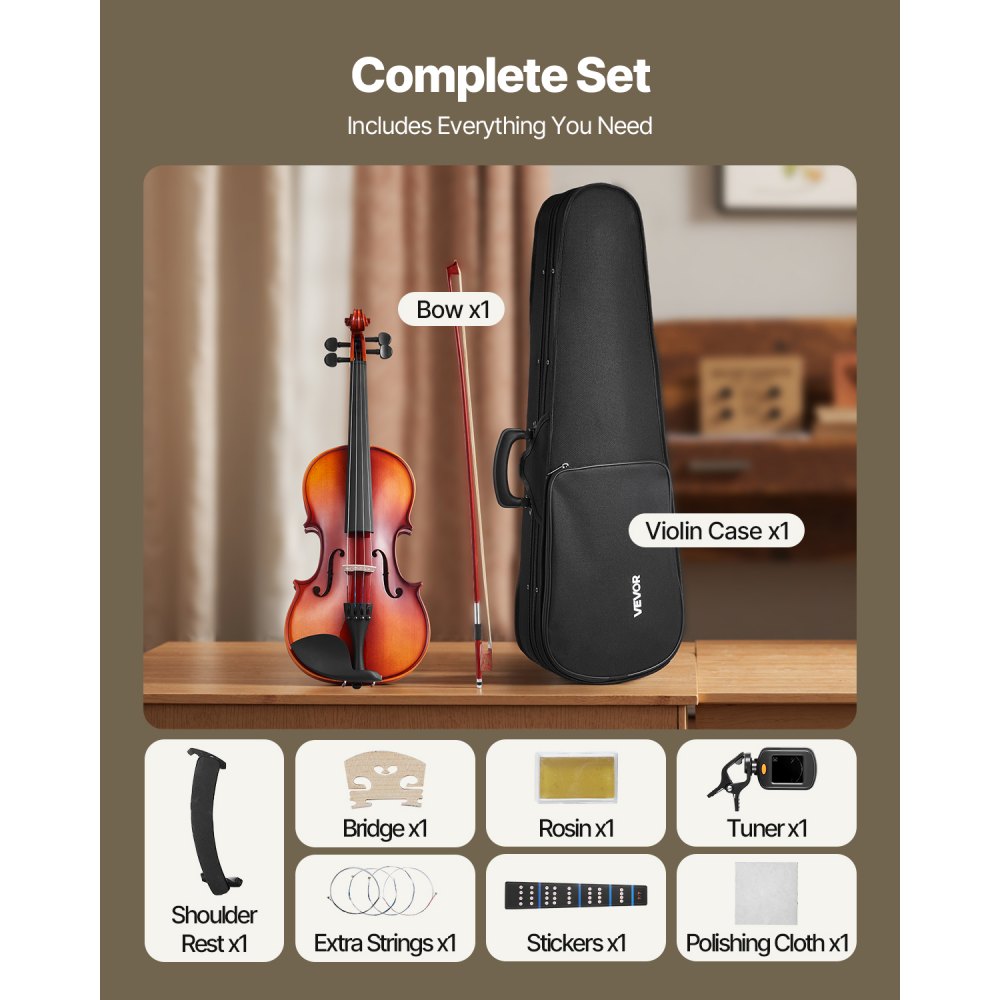 VEVOR Violin 4/4 Full Size for Adults, Violin Fiddle Set for Beginners Student with Hard Case,Rosin, Bow,Shoulder Rest,Bridge,Extra Strings,Professional Solidwood Instrument (Glossy Brown)