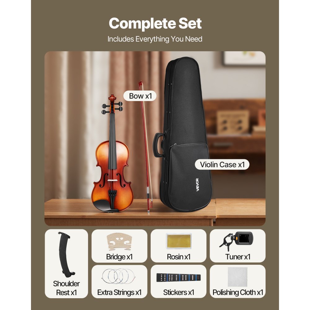 VEVOR Violin 4/4 Full Size for Adults, Violin Fiddle Set for Beginners Student with Hard Case,Rosin, Bow,Shoulder Rest,Bridge,Extra Strings,Professional Solidwood Instrument (Glossy Brown Patterned)