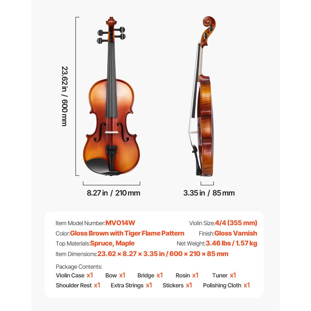 VEVOR Violin 4/4 Full Size for Adults, Violin Fiddle Set for Beginners Student with Hard Case,Rosin, Bow,Shoulder Rest,Bridge,Extra Strings,Professional Solidwood Instrument (Glossy Brown Patterned)
