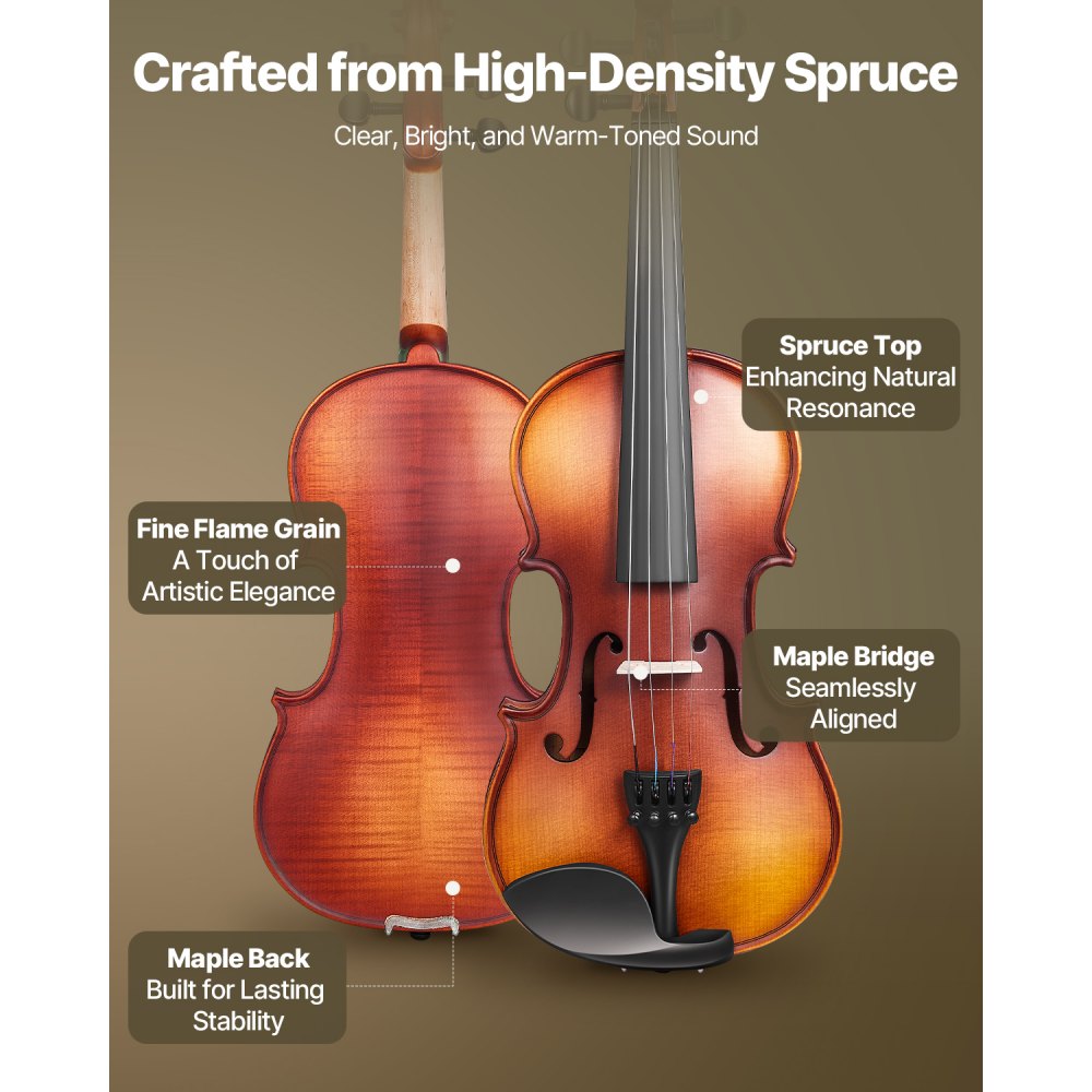 VEVOR Violin 4/4 Full Size for Adults, Violin Fiddle Set for Beginners Student with Hard Case, Rosin, Bow, Shoulder Rest,Bridge,Extra Strings,Professional Solidwood Instrument (Matte Brown Patterned)