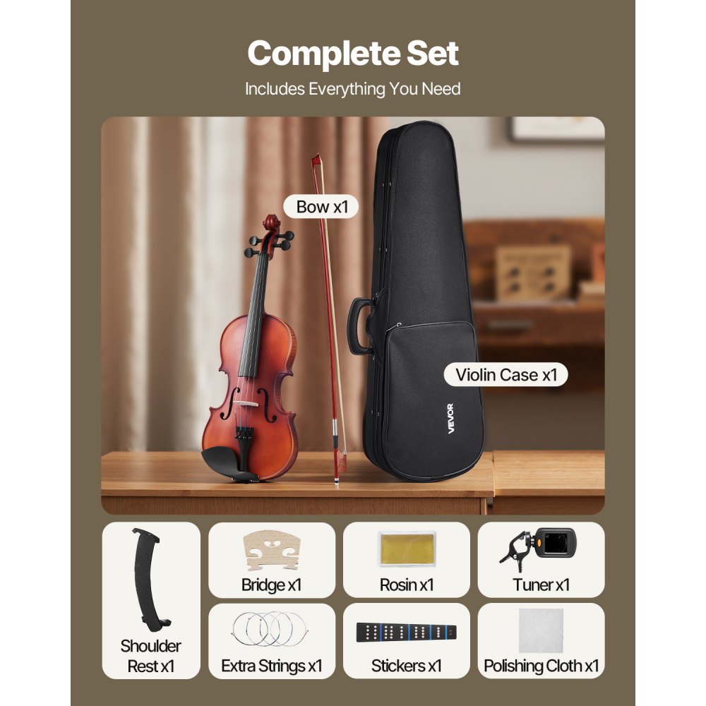 VEVOR Violin 4/4 Full Size for Adults, Violin Fiddle Set for Beginners Student with Hard Case, Rosin, Bow, Shoulder Rest,Bridge,Extra Strings,Professional Solidwood Instrument (Matte Brown Patterned)