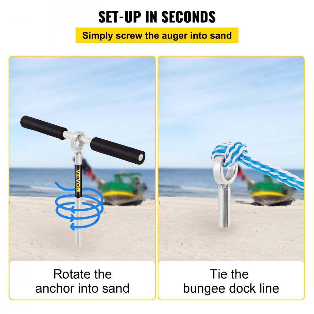 VEVOR Sand Anchor, 18\" Length Auger to The Beach and Sandbar, 316 Stainless Steel Screw Anchor with Removable Handle, Bungee Line & Carry Bag, for Jet Ski PWC Pontoon Kayak