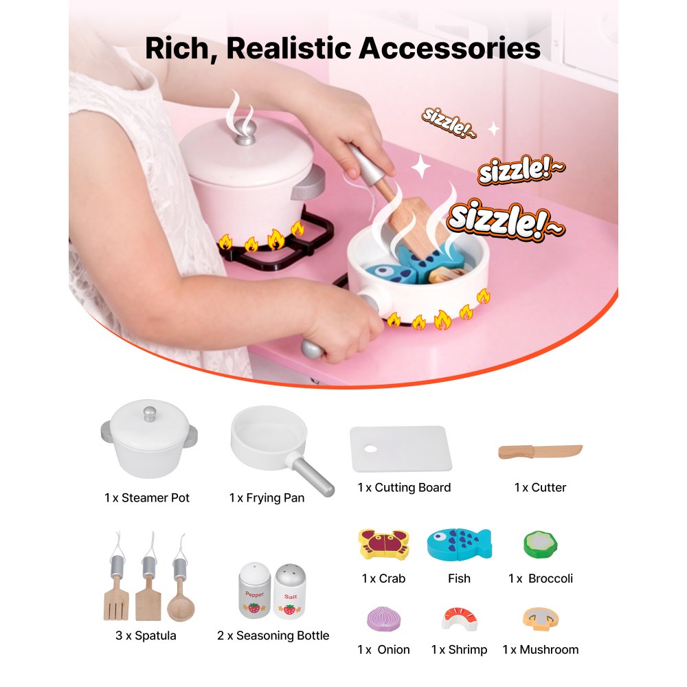 VEVOR Play Kitchen for Kids, Wooden, Kids Kitchen Playset with Real Lights & Sounds, Food & Cookware Accessories, Pretend Play Toy Set, Range Hood, Microwave, for Toddlers, Girls & Boys Ages 3-8, Pink