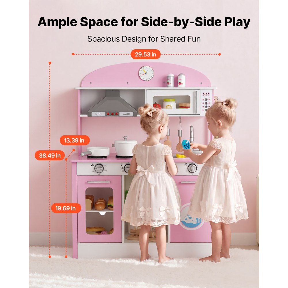 VEVOR Play Kitchen for Kids, Wooden, Kids Kitchen Playset with Real Lights & Sounds, Food & Cookware Accessories, Pretend Play Toy Set, Range Hood, Microwave, for Toddlers, Girls & Boys Ages 3-8, Pink
