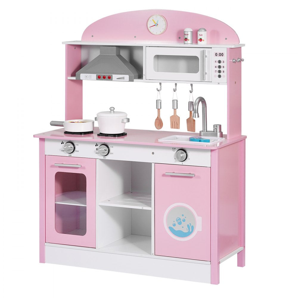VEVOR Play Kitchen for Kids, Wooden, Kids Kitchen Playset with Real Lights & Sounds, Food & Cookware Accessories, Pretend Play Toy Set, Range Hood, Microwave, for Toddlers, Girls & Boys Ages 3-8, Pink