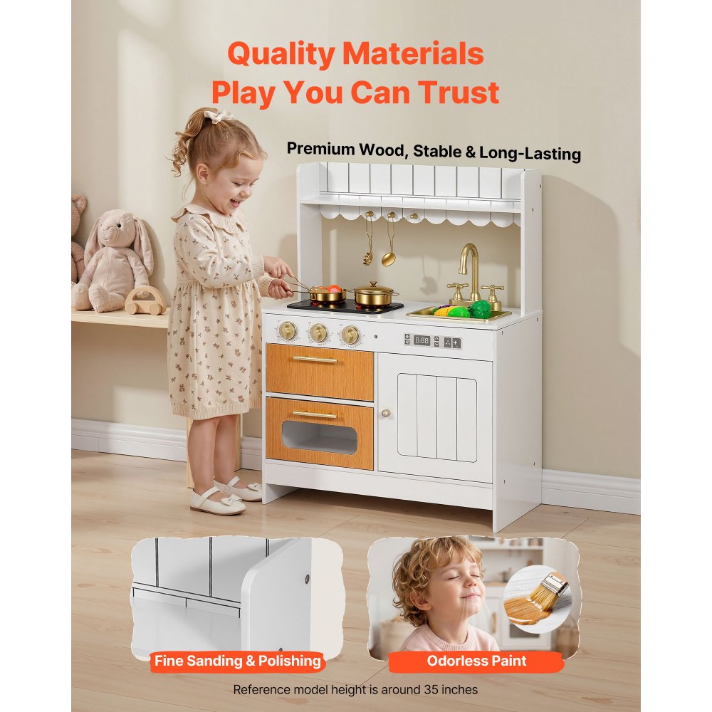 VEVOR Play Kitchen for Kids, Wooden, Kids Kitchen Playset with Real Lights & Sounds, Food & Cookware Accessories, Pretend Play Toy Set, Sink, Oven, Stove, Cabinet, for Toddlers, Girls & Boys Ages 3-8