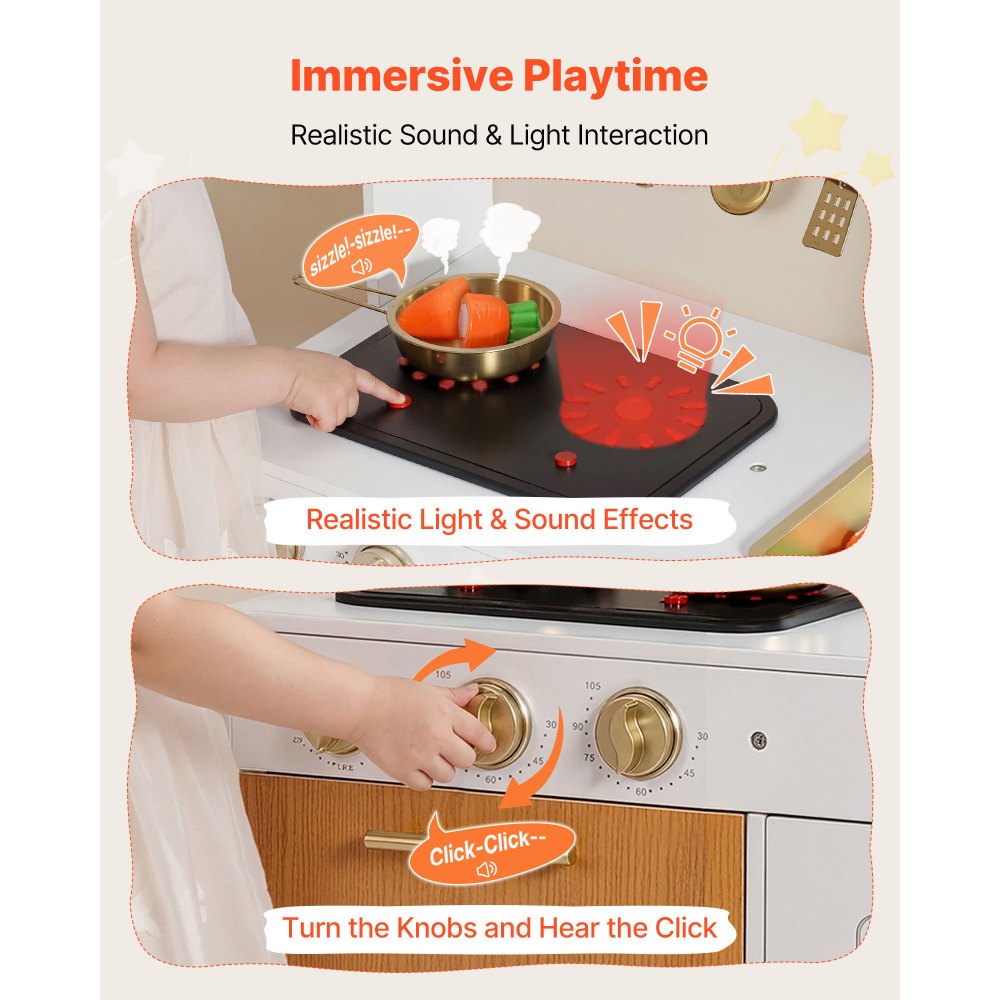 VEVOR Play Kitchen for Kids, Wooden, Kids Kitchen Playset with Real Lights & Sounds, Food & Cookware Accessories, Pretend Play Toy Set, Sink, Oven, Stove, Cabinet, for Toddlers, Girls & Boys Ages 3-8