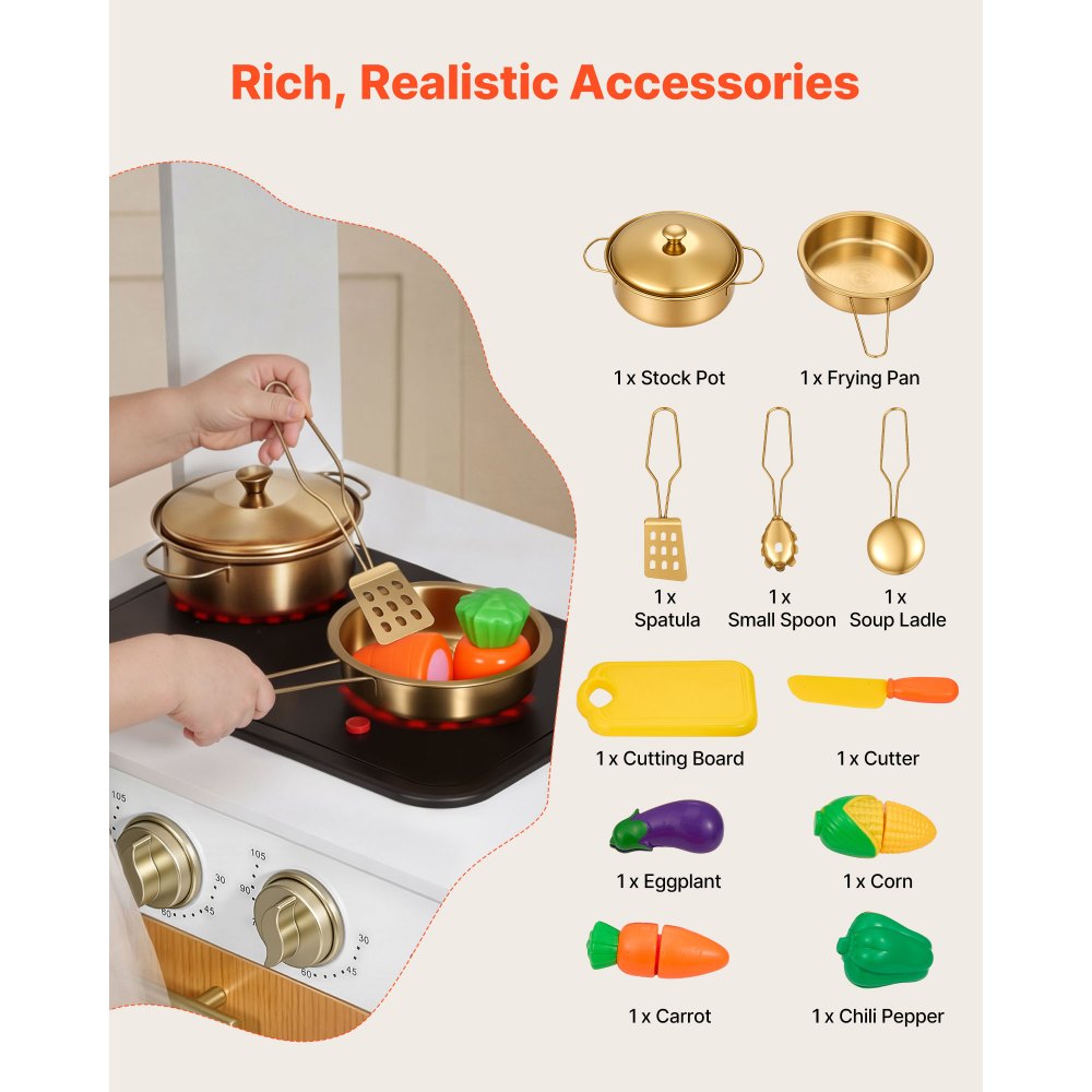 VEVOR Play Kitchen for Kids, Wooden, Kids Kitchen Playset with Real Lights & Sounds, Food & Cookware Accessories, Pretend Play Toy Set, Sink, Oven, Stove, Cabinet, for Toddlers, Girls & Boys Ages 3-8