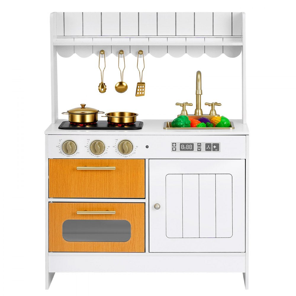 VEVOR Play Kitchen for Kids, Wooden, Kids Kitchen Playset with Real Lights & Sounds, Food & Cookware Accessories, Pretend Play Toy Set, Sink, Oven, Stove, Cabinet, for Toddlers, Girls & Boys Ages 3-8