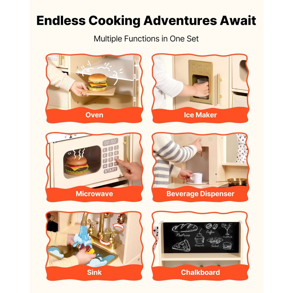 VEVOR Play Kitchen for Kids, Wooden, Kids Kitchen Playset with Realistic Lights & Sounds, Food & Cookware, Modern Style Pretend Play Toy Set, Ice Maker, Microwave, for Toddlers, Girls & Boys Ages 3-8