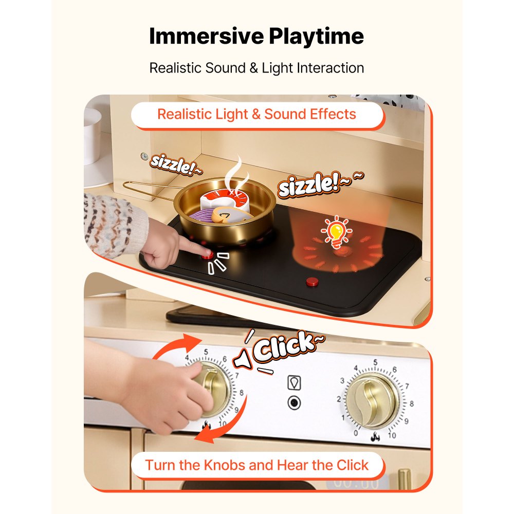 VEVOR Play Kitchen for Kids, Wooden, Kids Kitchen Playset with Realistic Lights & Sounds, Food & Cookware, Modern Style Pretend Play Toy Set, Ice Maker, Microwave, for Toddlers, Girls & Boys Ages 3-8