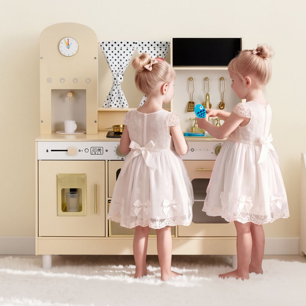 VEVOR Play Kitchen for Kids, Wooden, Kids Kitchen Playset with Realistic Lights & Sounds, Food & Cookware, Modern Style Pretend Play Toy Set, Ice Maker, Microwave, for Toddlers, Girls & Boys Ages 3-8