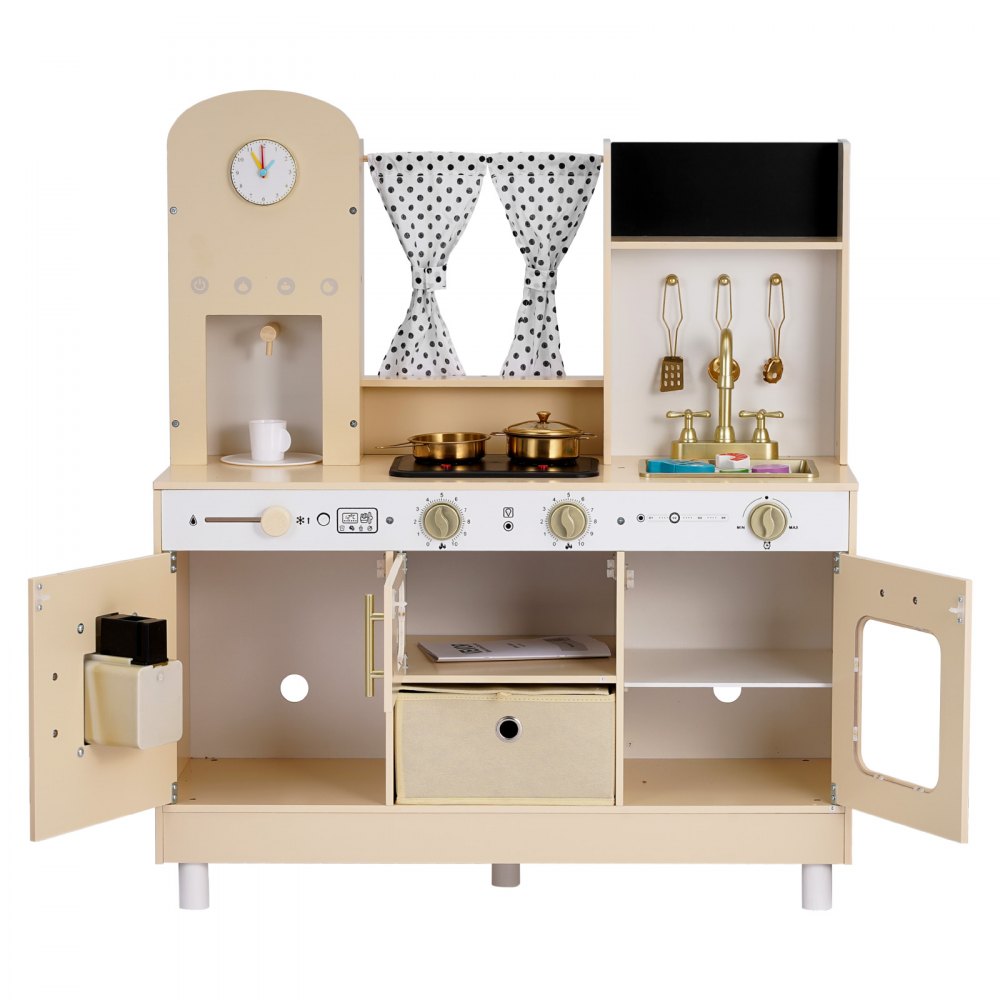 VEVOR Play Kitchen for Kids, Wooden, Kids Kitchen Playset with Realistic Lights & Sounds, Food & Cookware, Modern Style Pretend Play Toy Set, Ice Maker, Microwave, for Toddlers, Girls & Boys Ages 3-8