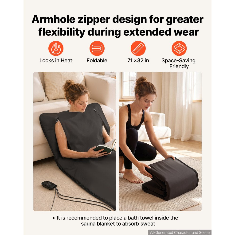 VEVOR Infrared Sauna Blanket with Armholes, 71 x 32 in Portable Sauna Bag, Even Heating for Home Detox & Relaxation, Temp Control & Timer, Lightweight Oxford Fabric Heating Wrap with Carry Bag, Black
