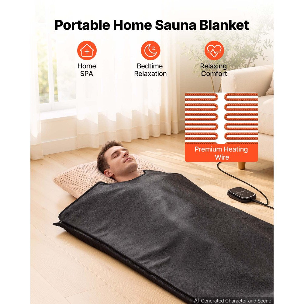 VEVOR Infrared Sauna Blanket with Mineral Stones, 73 x 35 in Sauna Bag, Zero EMF, Portable for Home Detox and Relaxation, Temperature Control & Timer, PU Leather Heating Wrap, Carry Bag, Black