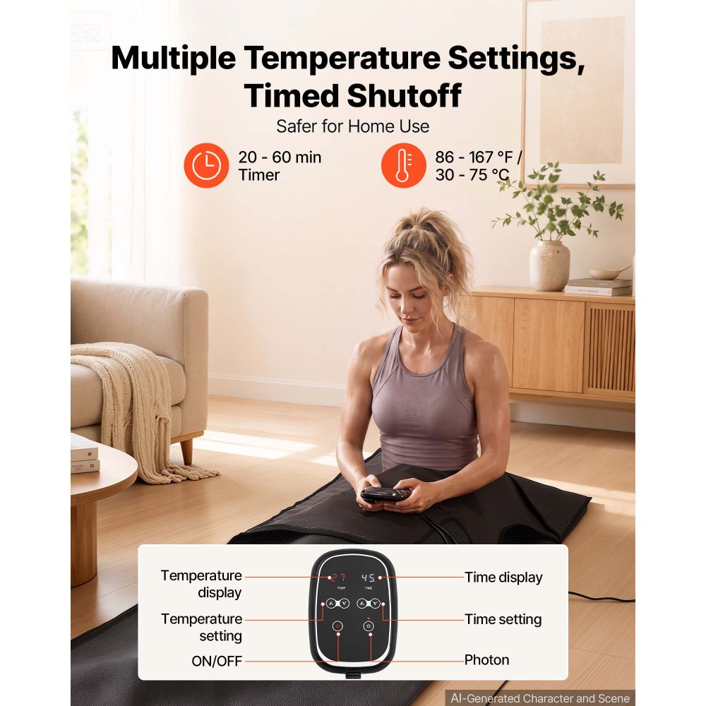VEVOR Infrared Sauna Blanket with Mineral Stones, 73 x 35 in Sauna Bag, Zero EMF, Portable for Home Detox and Relaxation, Temperature Control & Timer, PU Leather Heating Wrap, Carry Bag, Black