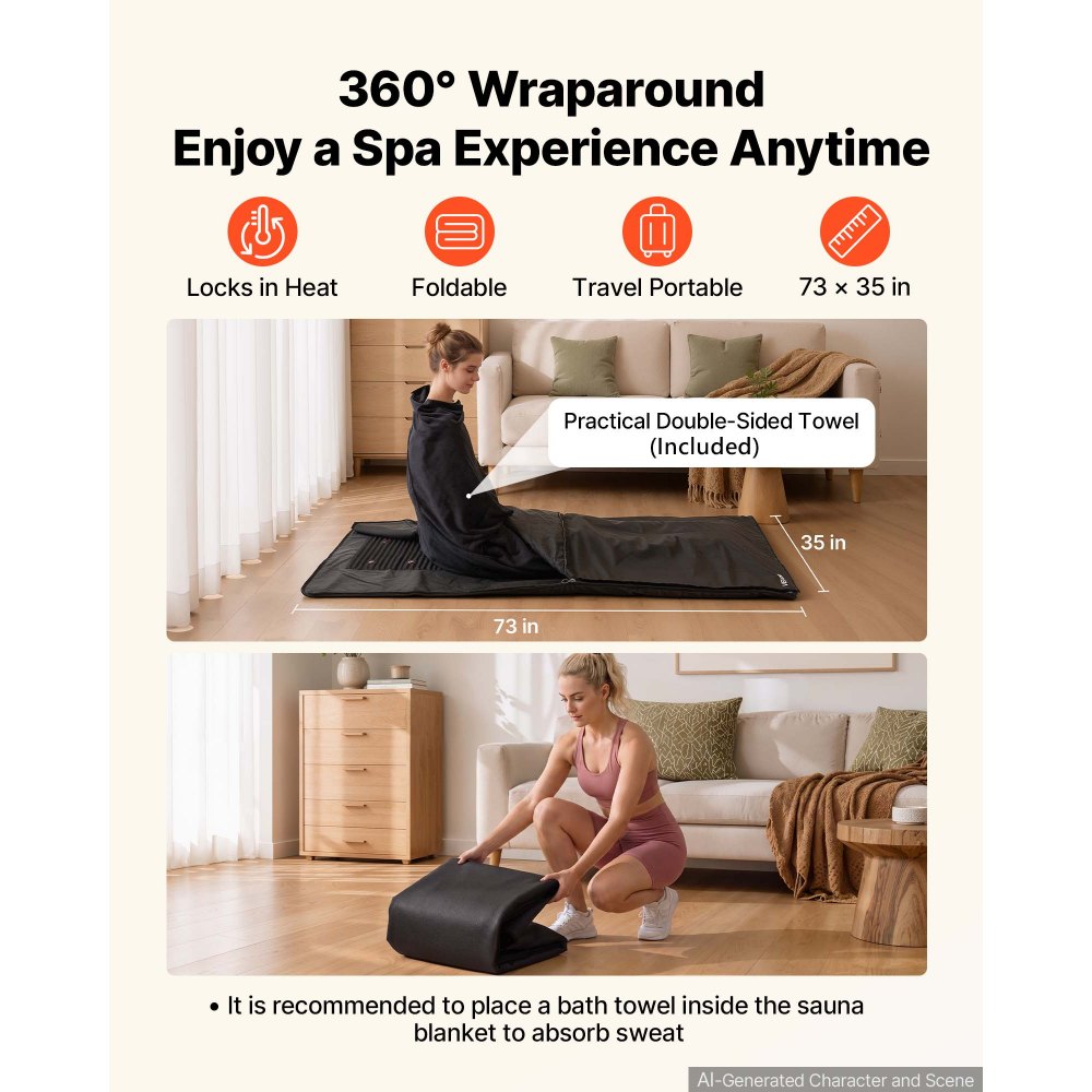 VEVOR Infrared Sauna Blanket with Mineral Stones, 73 x 35 in Sauna Bag, Zero EMF, Portable for Home Detox and Relaxation, Temperature Control & Timer, PU Leather Heating Wrap, Carry Bag, Black