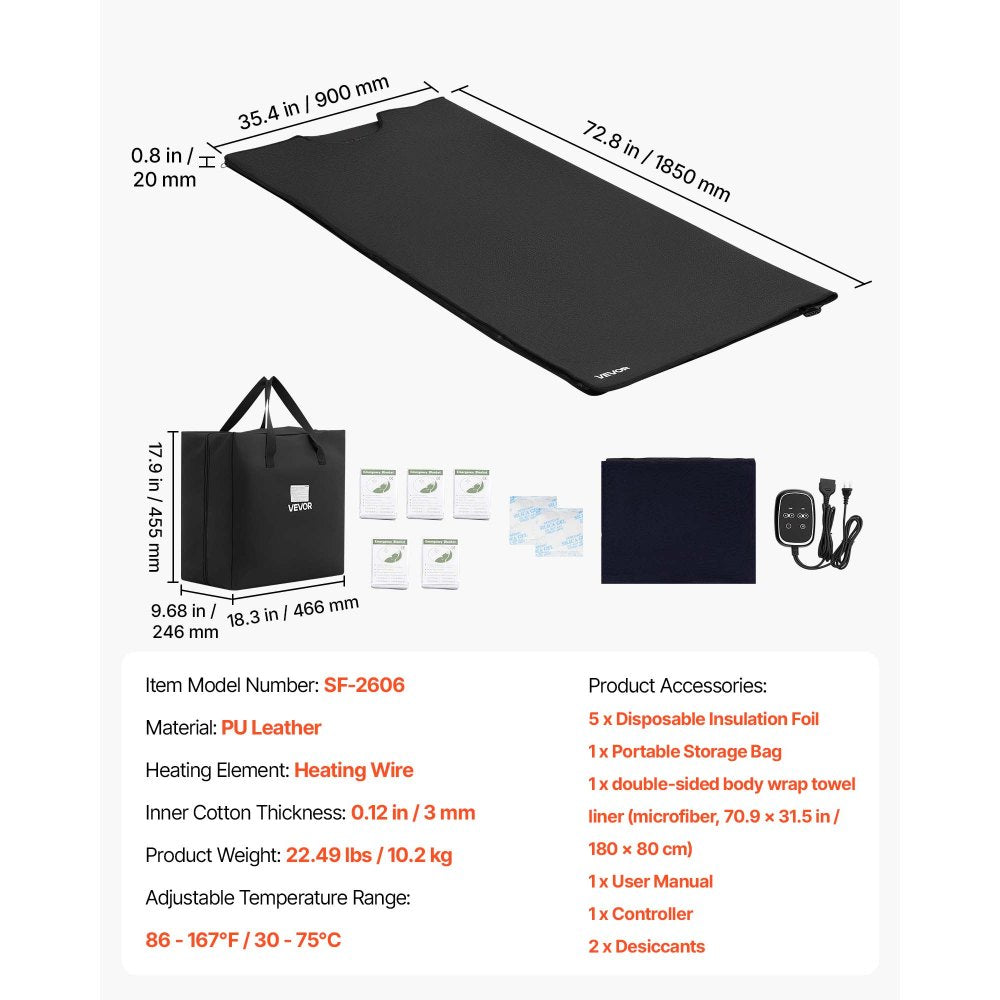 VEVOR Infrared Sauna Blanket with Mineral Stones, 73 x 35 in Sauna Bag, Zero EMF, Portable for Home Detox and Relaxation, Temperature Control & Timer, PU Leather Heating Wrap, Carry Bag, Black