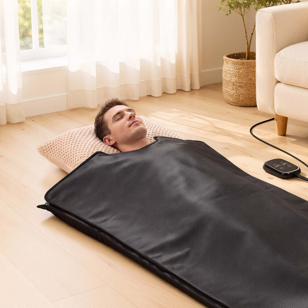 VEVOR Infrared Sauna Blanket with Mineral Stones, 73 x 35 in Sauna Bag, Zero EMF, Portable for Home Detox and Relaxation, Temperature Control & Timer, PU Leather Heating Wrap, Carry Bag, Black