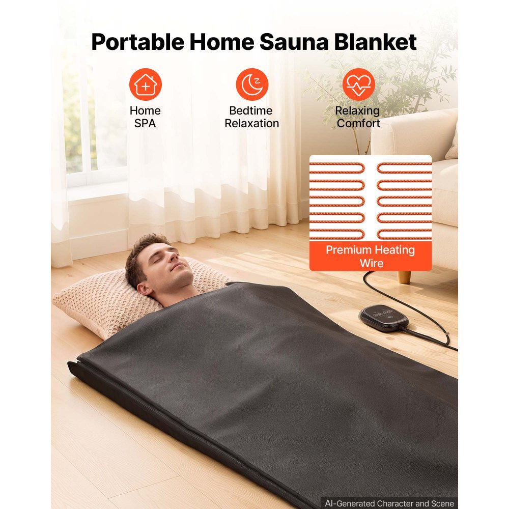 VEVOR Infrared Sauna Blanket 73 x 35 in, Portable PU Leather Sauna Bag, Even Heating for Home Detox & Relaxation, Temp Control & Timer, Full-Body Heating Wrap with Towel Liner, Carry Bag, Black