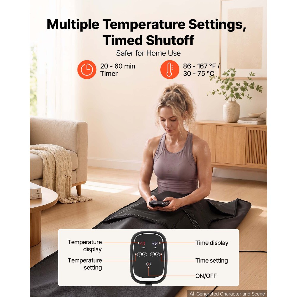 VEVOR Infrared Sauna Blanket 73 x 35 in, Portable PU Leather Sauna Bag, Even Heating for Home Detox & Relaxation, Temp Control & Timer, Full-Body Heating Wrap with Towel Liner, Carry Bag, Black