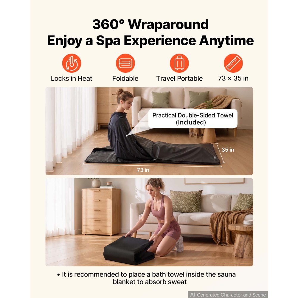 VEVOR Infrared Sauna Blanket 73 x 35 in, Portable PU Leather Sauna Bag, Even Heating for Home Detox & Relaxation, Temp Control & Timer, Full-Body Heating Wrap with Towel Liner, Carry Bag, Black