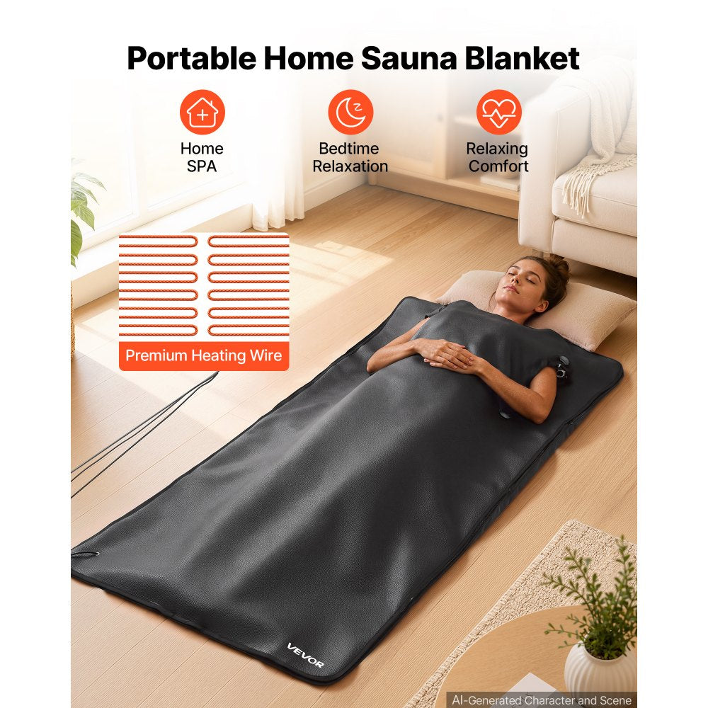 VEVOR Infrared Sauna Blanket with Armholes, 71 x 35 in Portable Sauna Bag, Even Heating for Home Detox & Relaxation, Temp Control & Timer, PU Leather Heating Wrap with Towel Liner, Carry Bag, Black