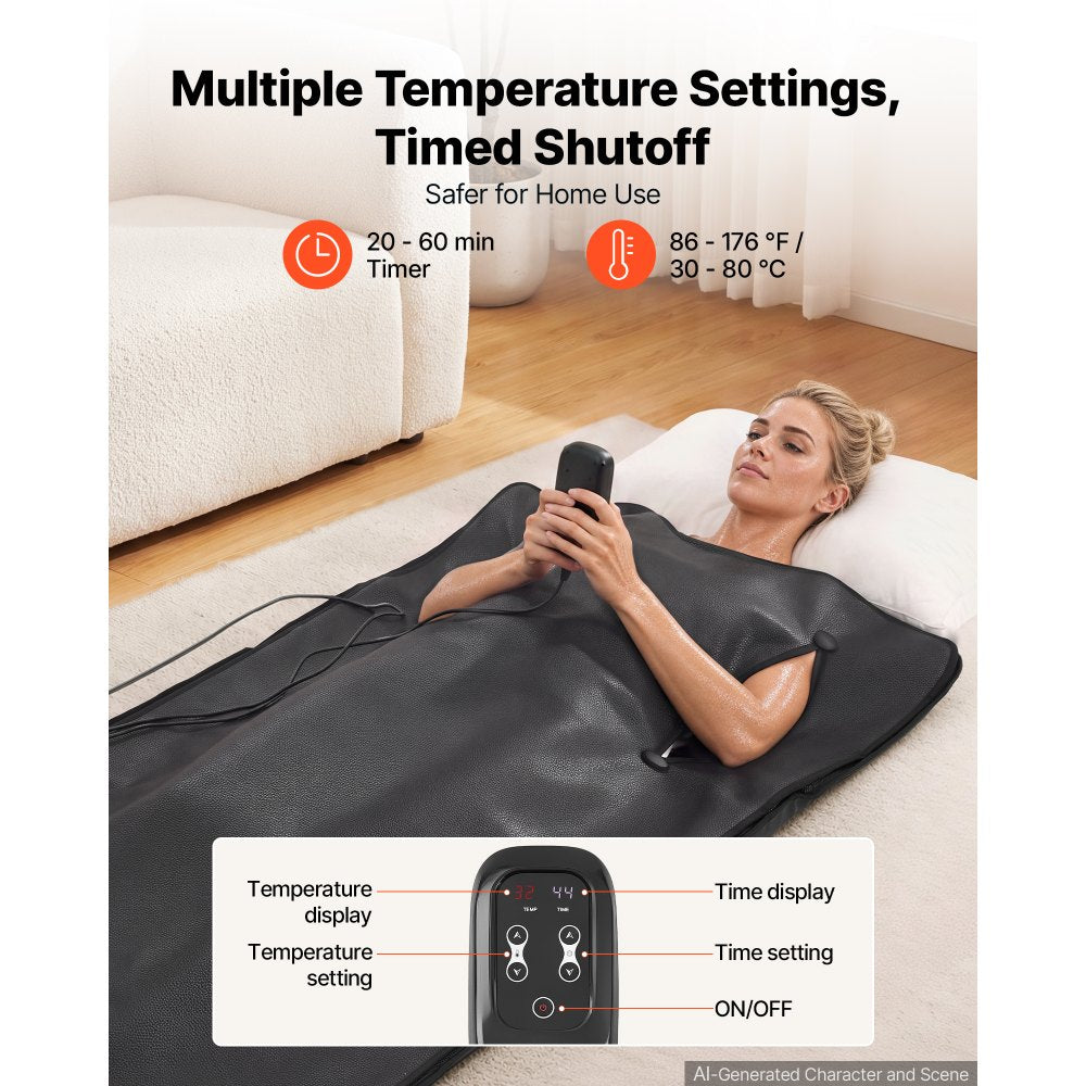 VEVOR Infrared Sauna Blanket with Armholes, 71 x 35 in Portable Sauna Bag, Even Heating for Home Detox & Relaxation, Temp Control & Timer, PU Leather Heating Wrap with Towel Liner, Carry Bag, Black