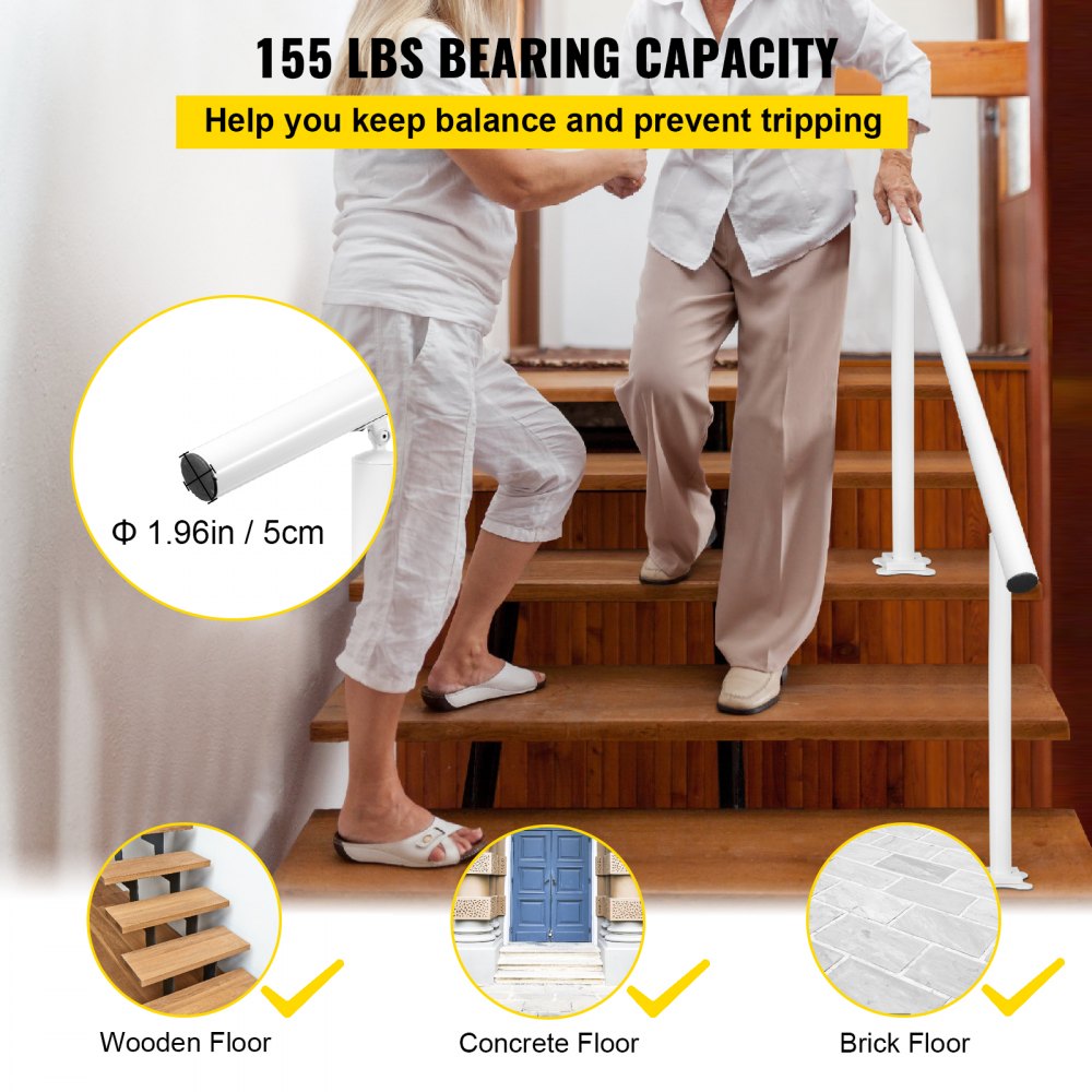 VEVOR Outdoor Stair Railing Kit, 5 FT Handrails 0-5 Steps, Adjustable Angle White Aluminum Stair Hand Rail for The Elderly, Handrails for Outdoor Steps