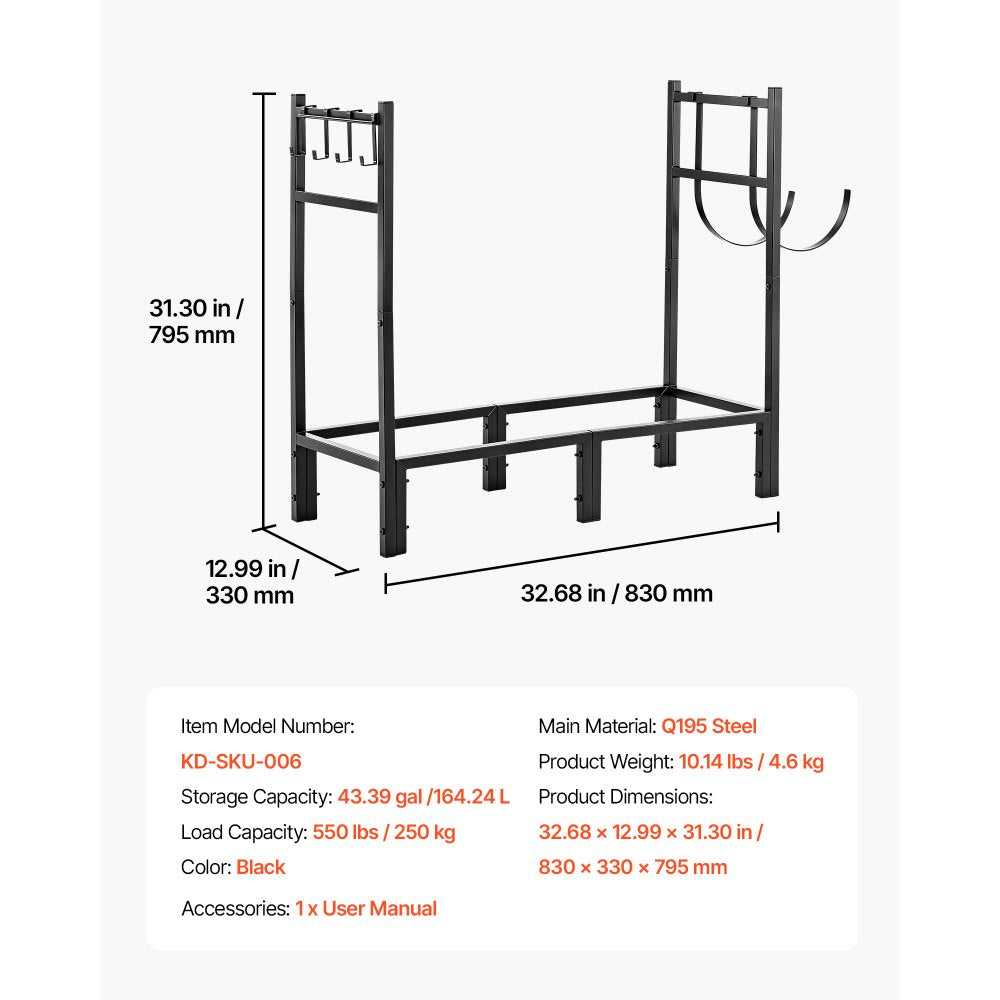 VEVOR Firewood Rack 32.68 Inch Heavy Duty Indoor Fire Wood Storage Holder, for Fireplace Patio Deck, 550 lbs Load Capacity, Stacker Stand with Log Carrier Bag, Metal Wood Pile Organizer Tool, Black