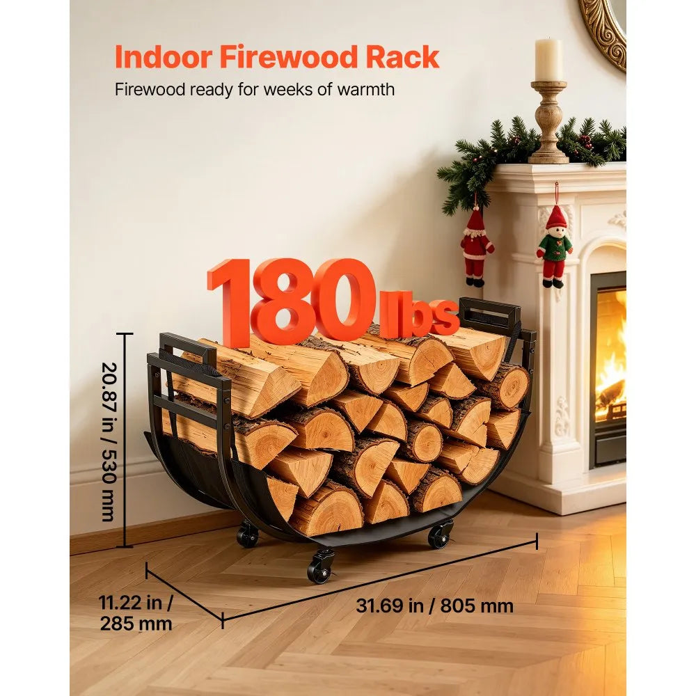 VEVOR Firewood Rack 31.69 Inch Heavy Duty Indoor Fire Wood Storage Holder, for Fireplace Patio Deck, 180 lbs Load Capacity, 4 Locking Swivel Casters, Log Stacker Stand Metal Wood Pile Organizer, Black