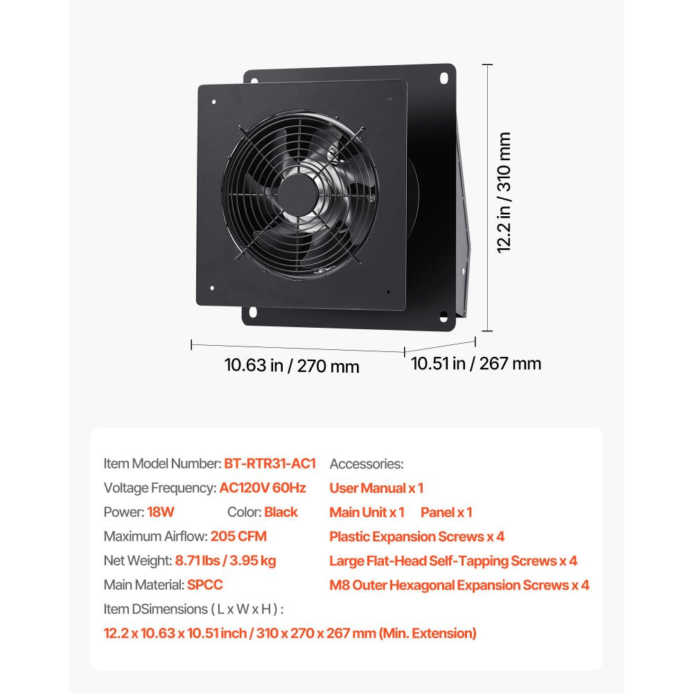 VEVOR 6 inch Through-The-Wall Ventilation Fan, 205 CFM Through Wall Exhaust Fan with AC Motor, Quiet Vent Easy Installation for Bathroom,Garage,Laundry Room,Storage Room Air Exchanger