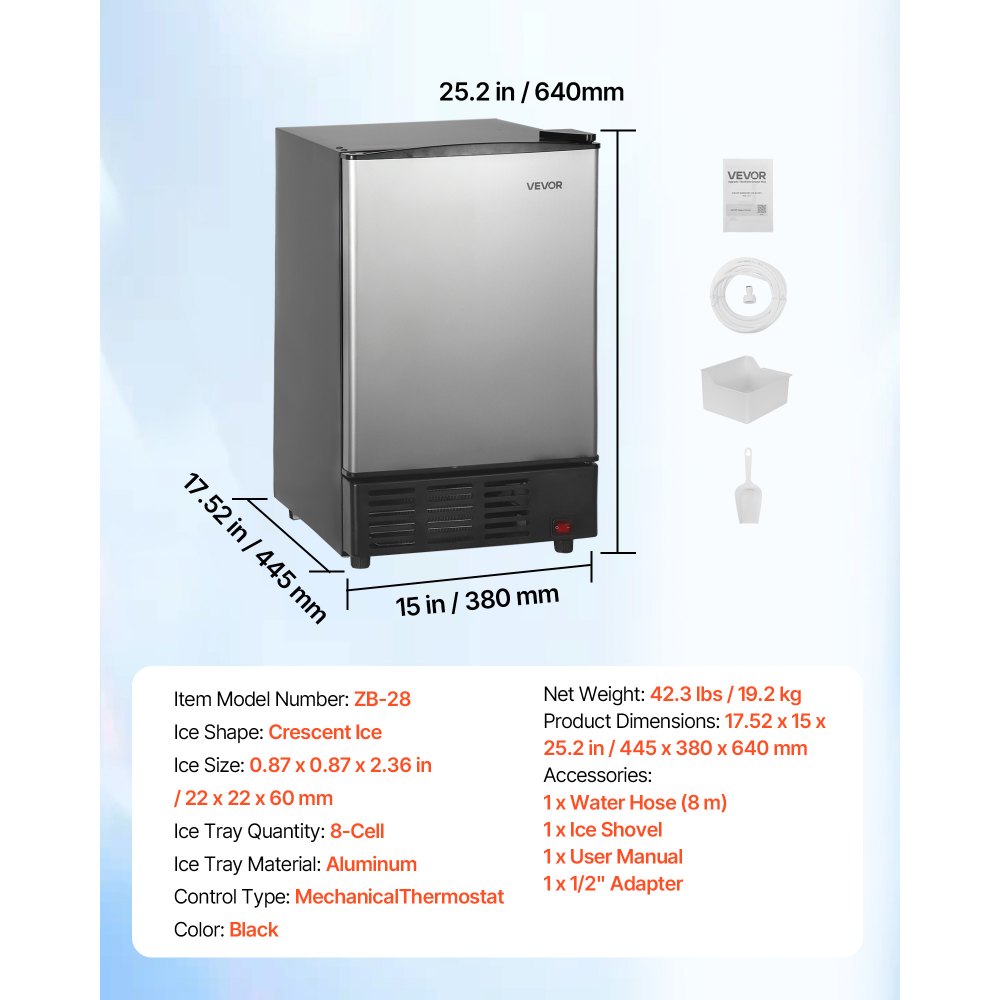 Product dimensions and included accessories graphic