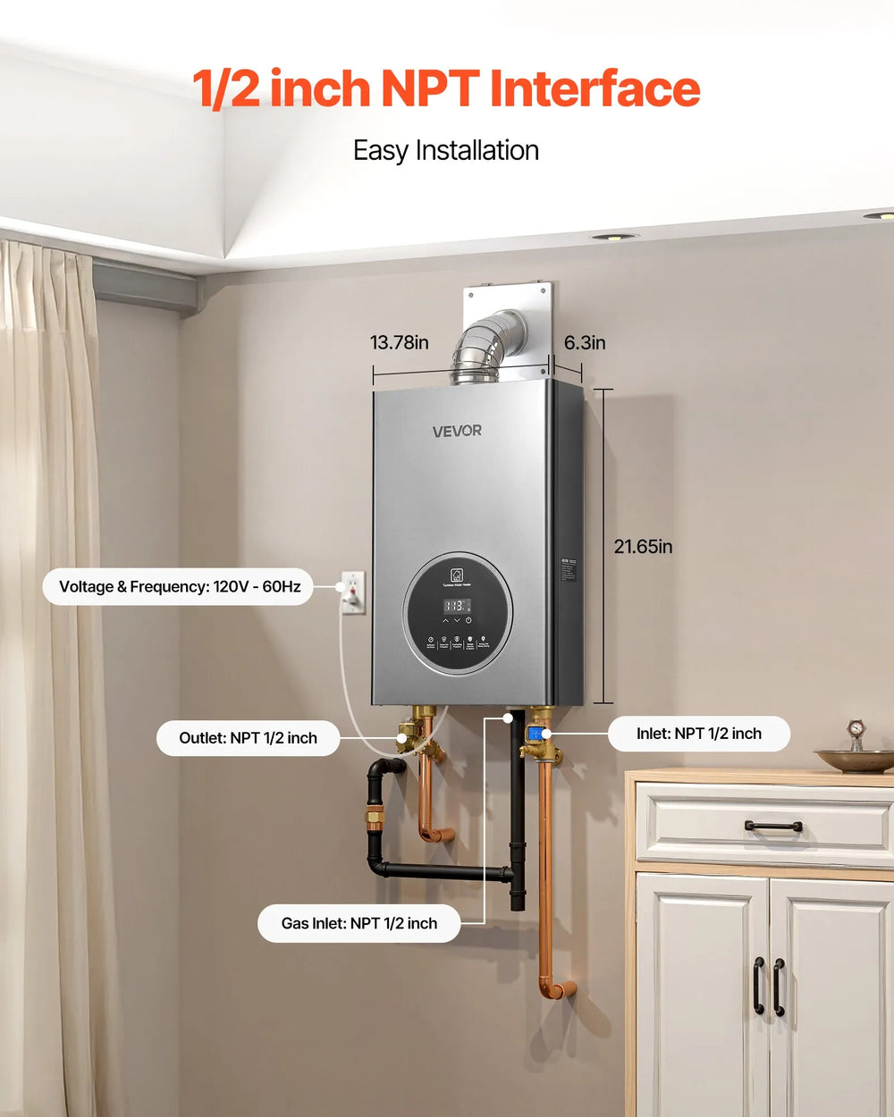VEVOR Gas Tankless Water Heater, 4.3Gal Indoor 100000 BTU Instant Hot Water Heater, Smart Temperature Control & Clear LED Display & Multiple Security Protections for Whole House,Silver Gray