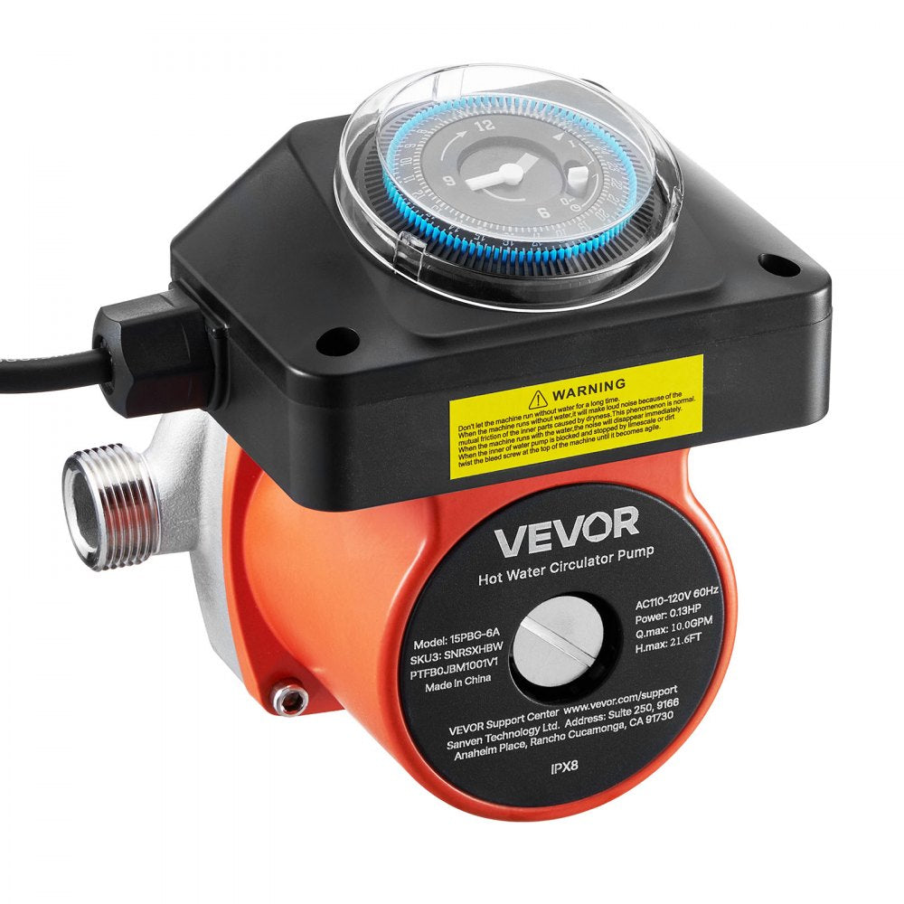 VEVOR Hot Water Recirculating Pump, with Timer, 10 GPM Instant Recirculation Pump Kit, Circulation Circulator System, 0.13 HP AC 110-120V, NPT 3/4 in to NPT 1/2 in Connector, for Solar Water Heater