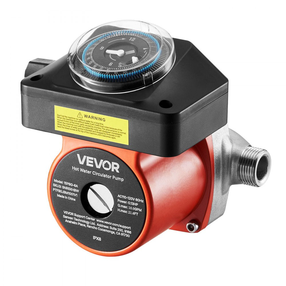 VEVOR Hot Water Recirculating Pump, with Timer, 10 GPM Instant Recirculation Pump Kit, Circulation Circulator System, 0.13 HP AC 110-120V, NPT 3/4 in to NPT 1/2 in Connector, for Solar Water Heater