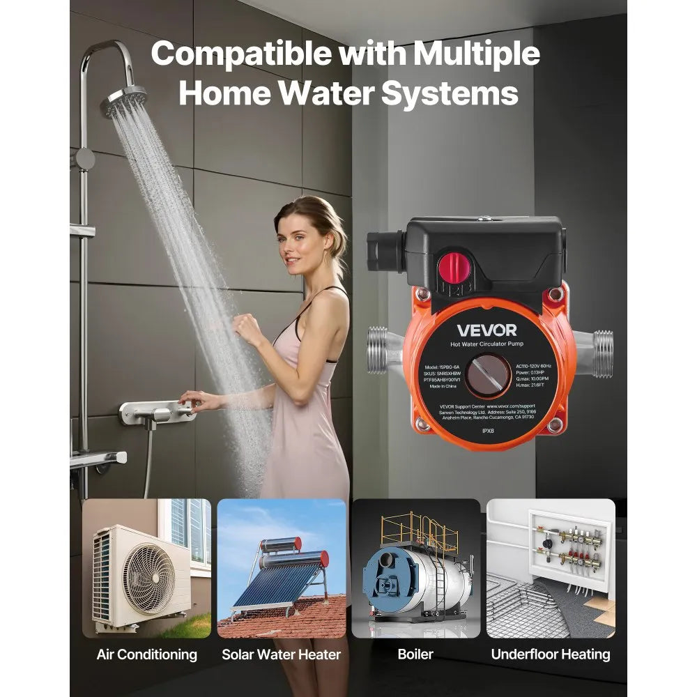 VEVOR Hot Water Recirculating Pump, 10 GPM, Instant Circulation Circulator Pump System, 3-Speed Control, 0.13 HP, 110-120V, NPT 3/4 in to NPT 1/2 in Adapter, Stainless Steel Head, for Water Heaters