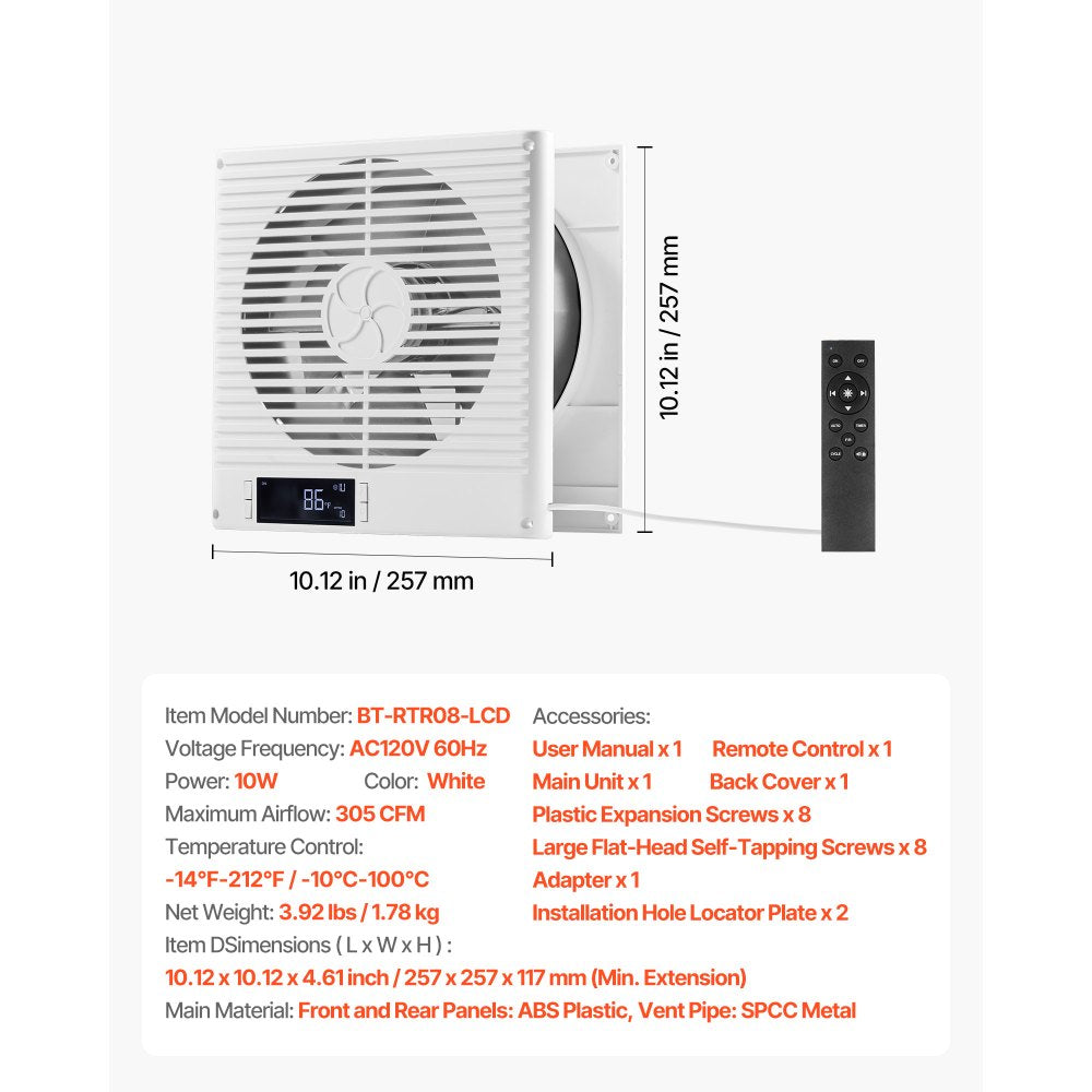 VEVOR 7.5-Inch Room to Room Fan, 2-in-1 305 CFM Through Wall Fan with Remote Control & Two-Way Airflow, 10-Speed Ventilation Quiet Vent for Kitchen, Living & Laundry Room Workshop